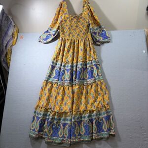 ME2MAGIC Yellow Paisley Smocked Maxi Dress Square Neck Balloon Sleeve Boho M